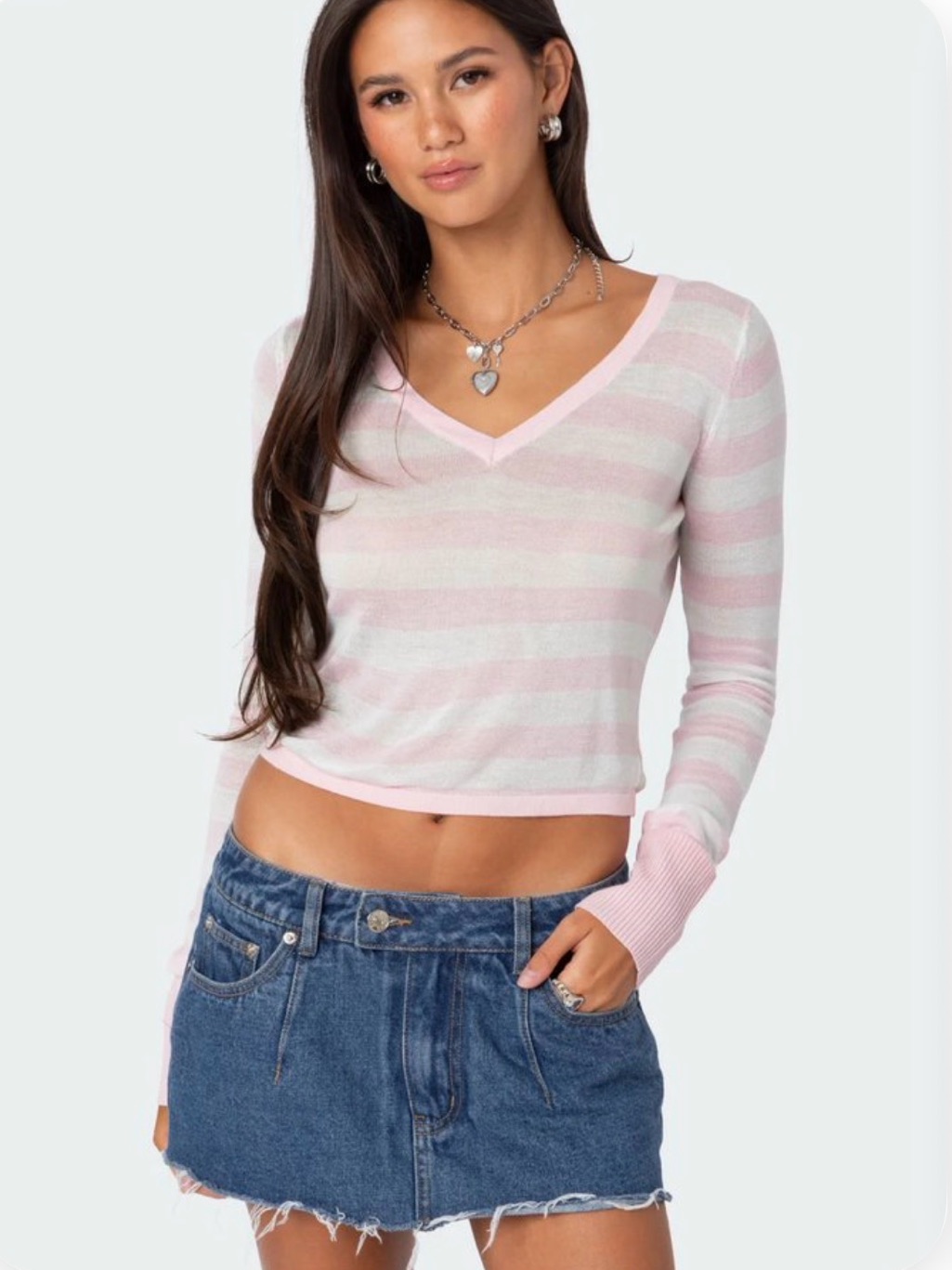 Edikted Pink & White Striped V-Neck Cropped Sweater